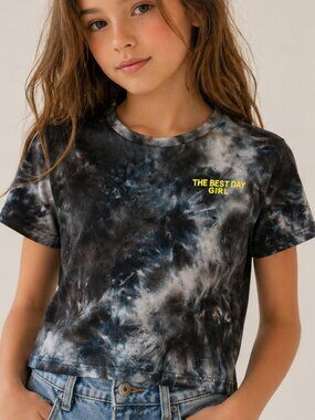 Tie Dye Crop Top Black Gray Graphic Tee Kids Size 8Y